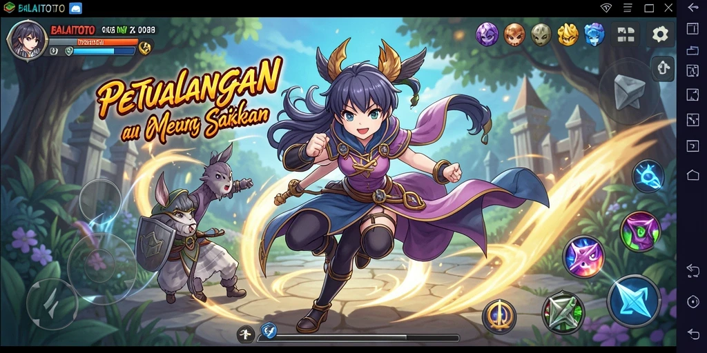 Screenshot gameplay BALAITOTO yang menampilkan petualangan karakter anime.