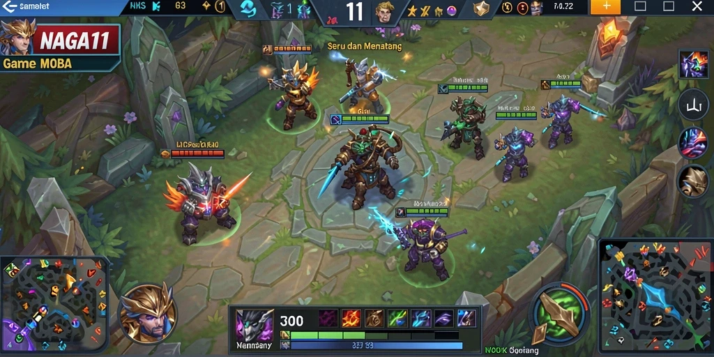 Screenshot gameplay NAGA11 menunjukkan pertempuran tim yang intens.