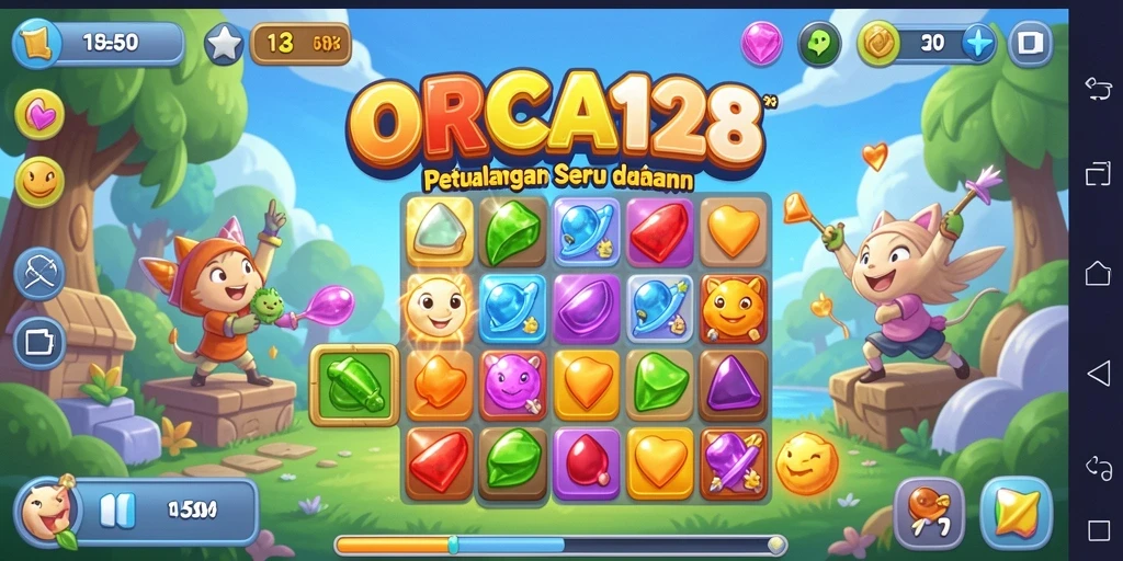 Tangkapan layar menampilkan gameplay ORCA128 dengan kombinasi Match-3 yang memukau.