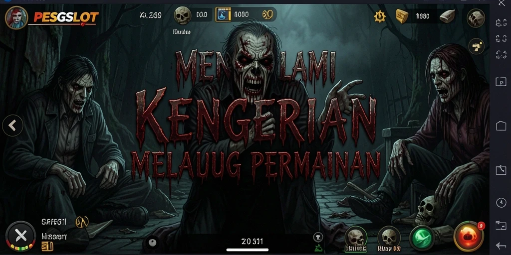 Screenshot PESGSLOT menampilkan adegan menyeramkan dengan karakter misterius.