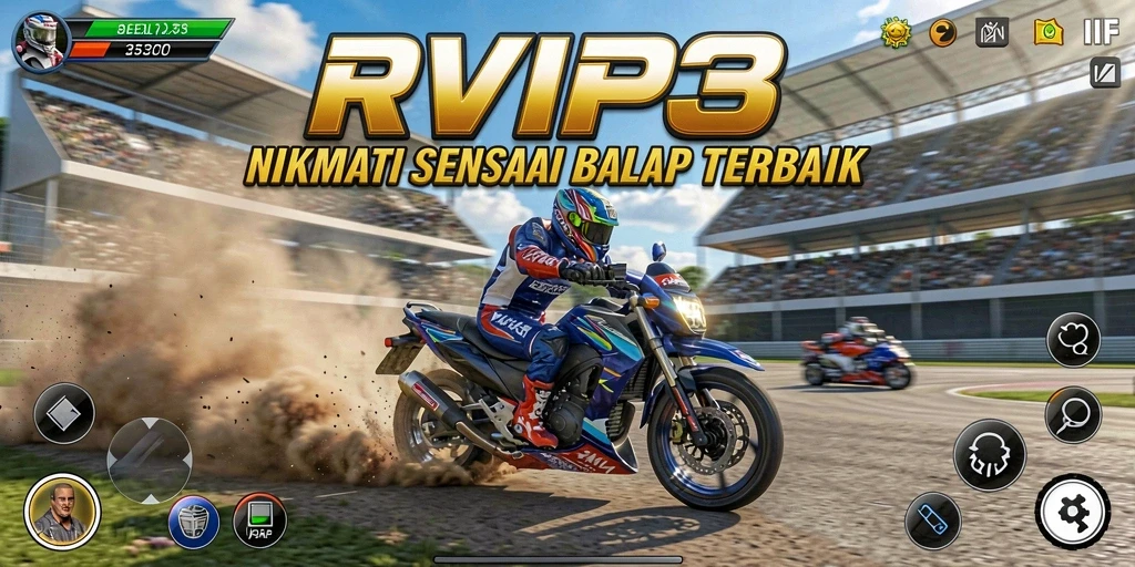 Screenshot menunjukkan aksi balapan mendebarkan di RVIP3.